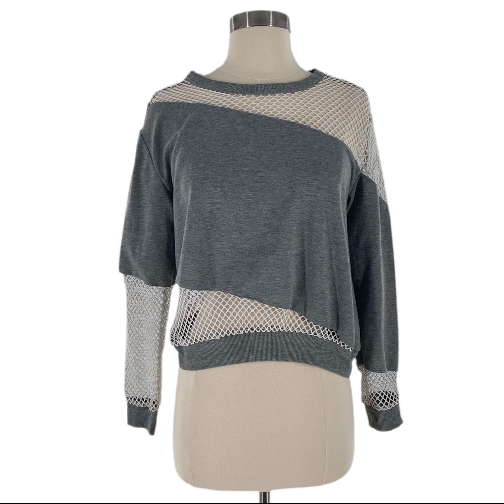 TOBI Grey w Slant Striped White Mesh Crew Sweater